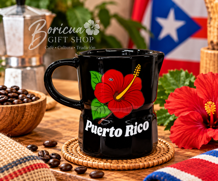 Puerto Rico Hibiscus Greca-Shaped Ceramic Mug – Black