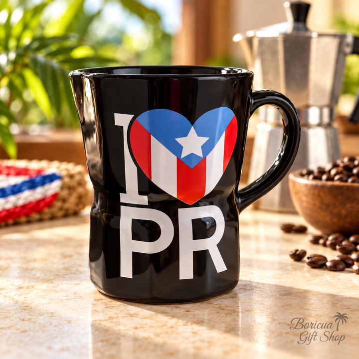 I Love Puerto Rico Moka Pot-Shaped Ceramic Mug – Black, 8–10 oz