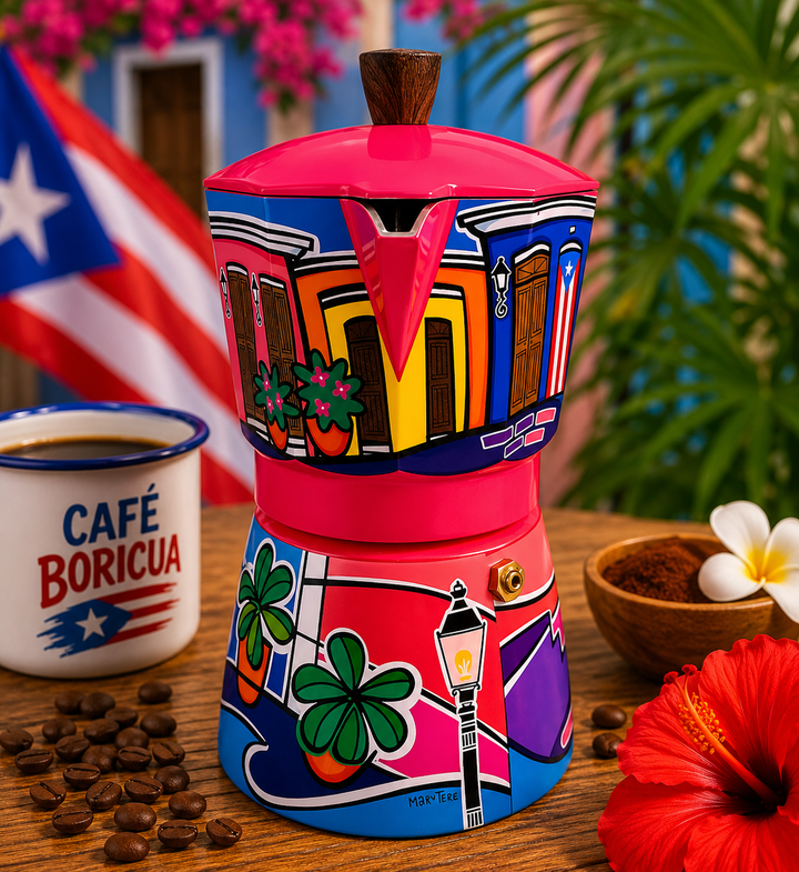 Calle del Viejo San Juan Greca – Limited Edition Puerto Rican Moka Pot by Mary Tere Pérez (6 Espresso Cups)