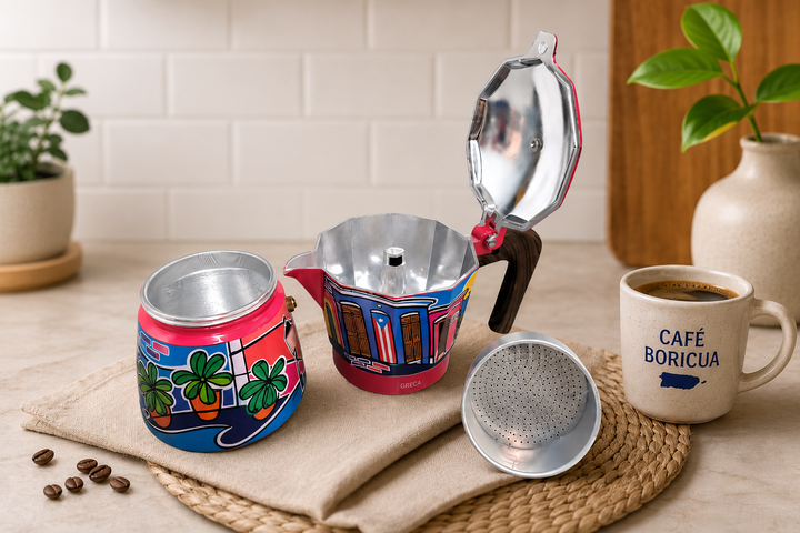 Calle del Viejo San Juan Greca – Limited Edition Puerto Rican Moka Pot by Mary Tere Pérez (6 Espresso Cups)