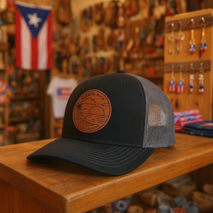 Boricua Gift Shop Puerto Rico Leather Patch Hat- Black/Charcoal- Brown