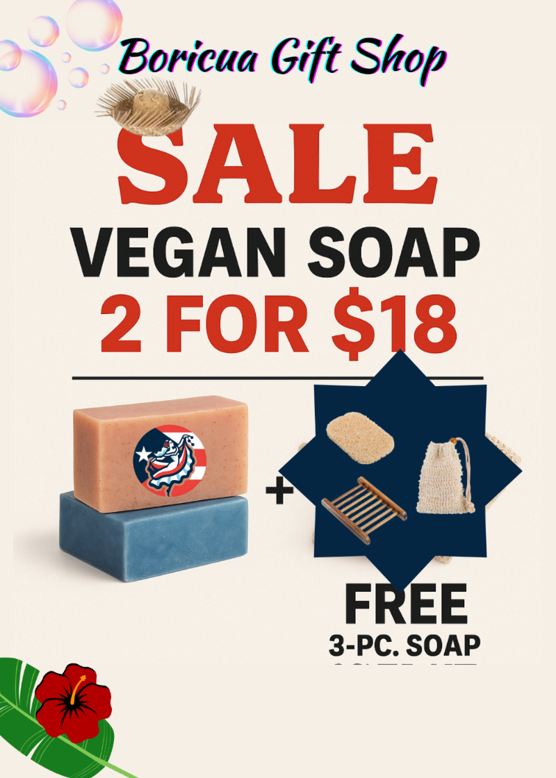 Advertisement for Boricua Gift Shop with vegan soap sale and free 3-pc. soap offer.