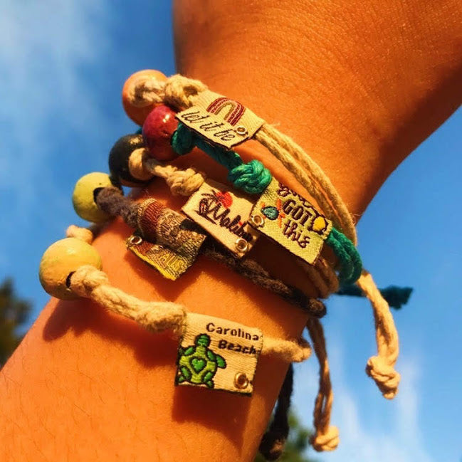 Colorful alien friendship bracelet handmade with unique designs and natural materials for a bohemian look