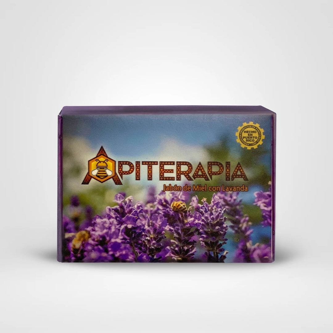 Apiarios Caraballo natural honey lavender soap with a floral lavender design on the packaging