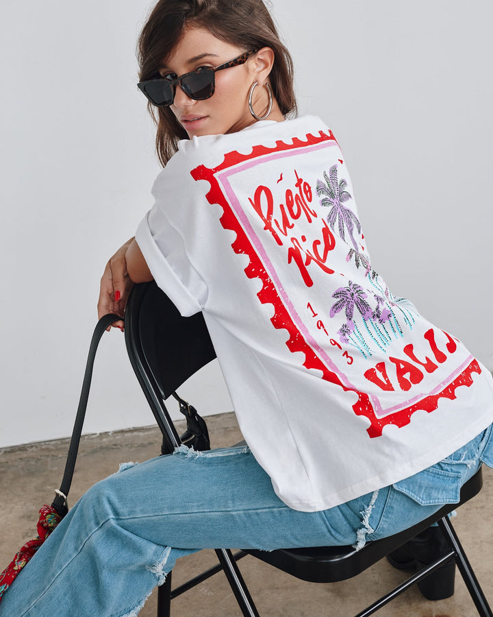 Valija Arte Sello Top handmade white tee featuring a colorful Puerto Rico graphic design