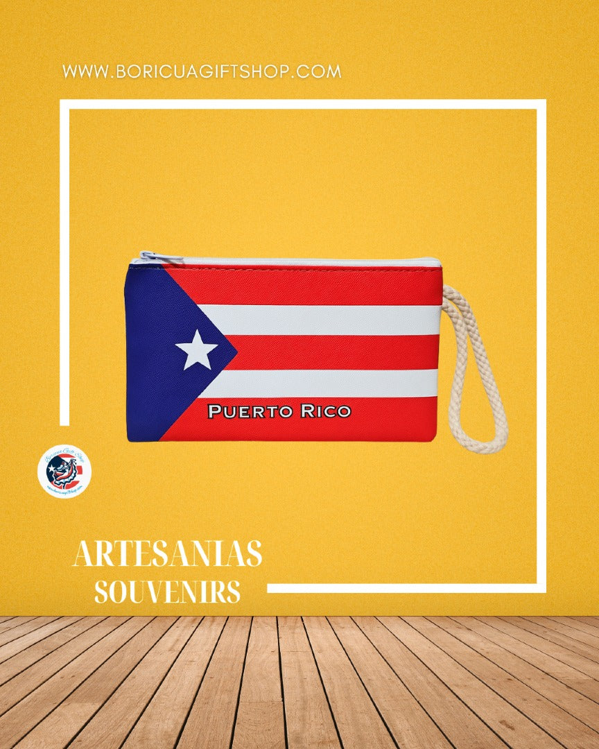 Puerto Rico flag clutch purse with red white and blue design and wrist strap from Boricua Gift Shop
