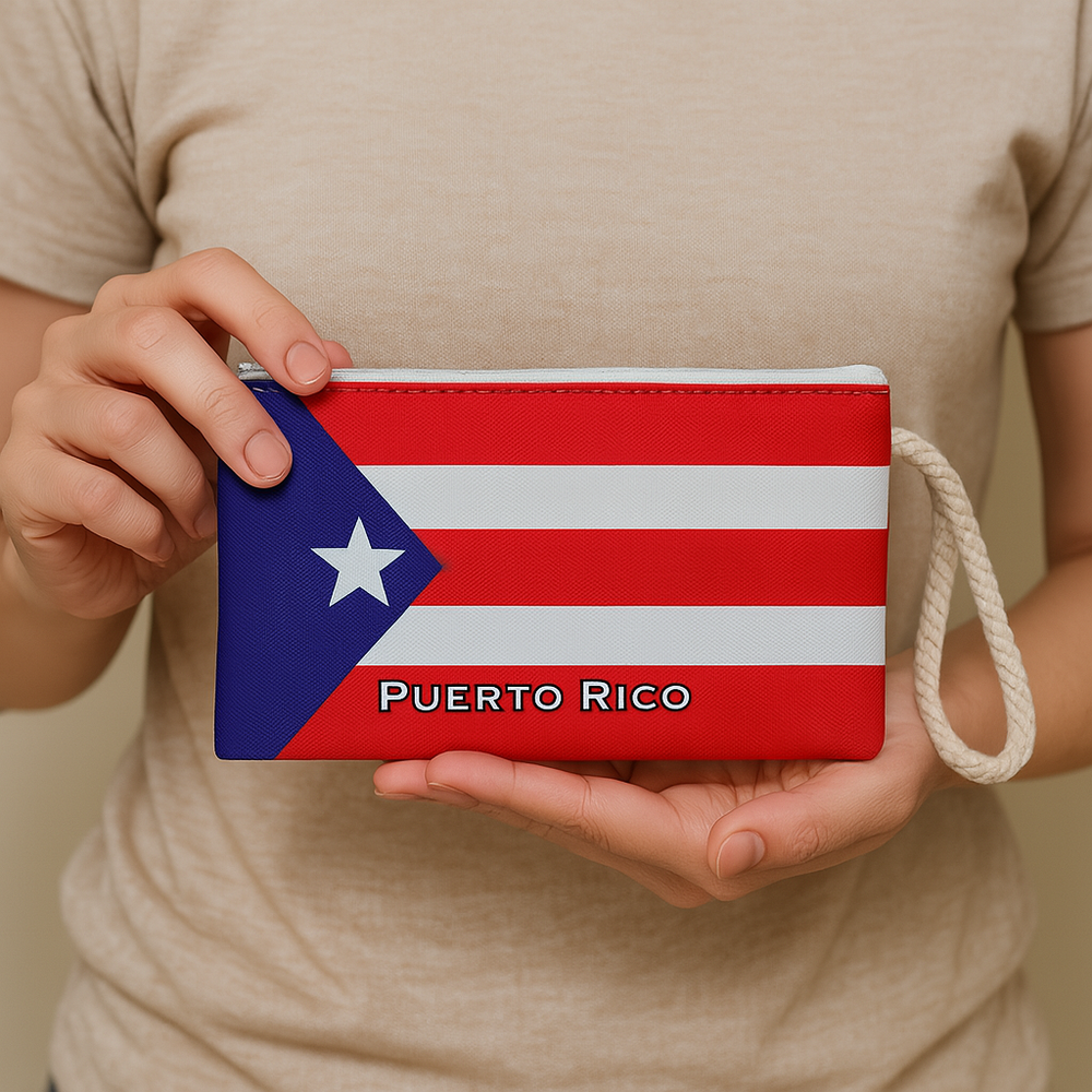 Puerto Rico flag clutch purse from Boricua Gift Shop held by person wearing beige shirt