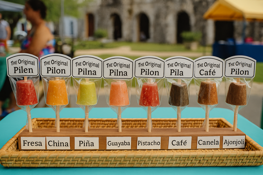 El Artesano artisanal candy assortment featuring various fruit and nut flavors on sticks in woven tray