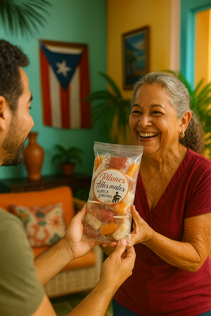 El Artesano artisanal candy assortment gift bag being handed between smiling people indoors