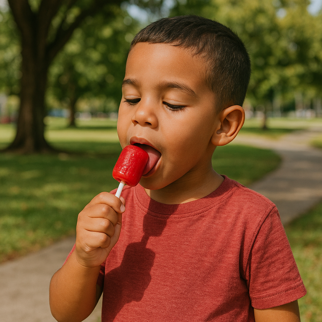 Child enjoying artisan strawberry lollipops in a park setting on a sunny day
