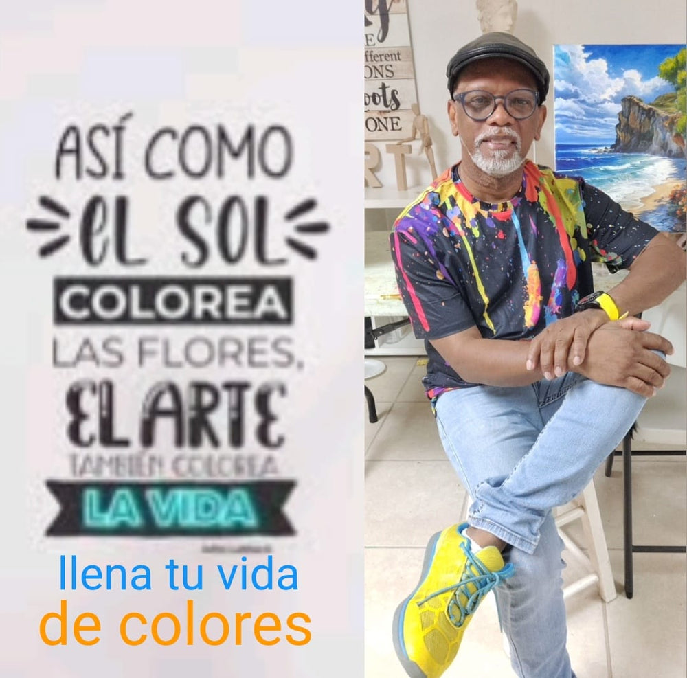 Artist from Jamie Thomas Art Studio posing with colorful Faro Los Morillos Cabo Rojo painting