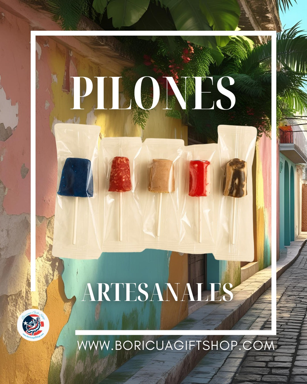 Assorted Puerto Rican pilones in colorful packaging from Boricua Gift Shop displayed on a vibrant street