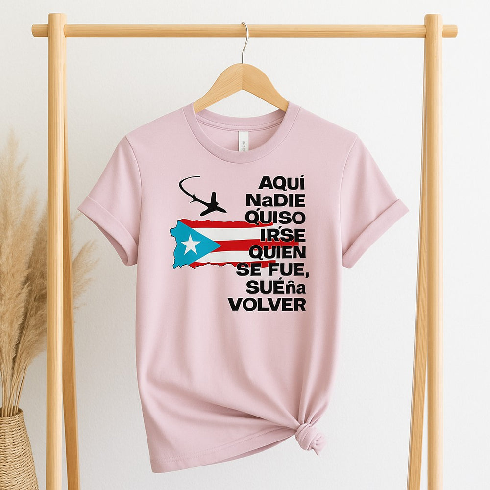 Boricua Gift Shop pink T-shirt with Puerto Rico flag and Spanish text Bad Bunny Puerto Rico shirt