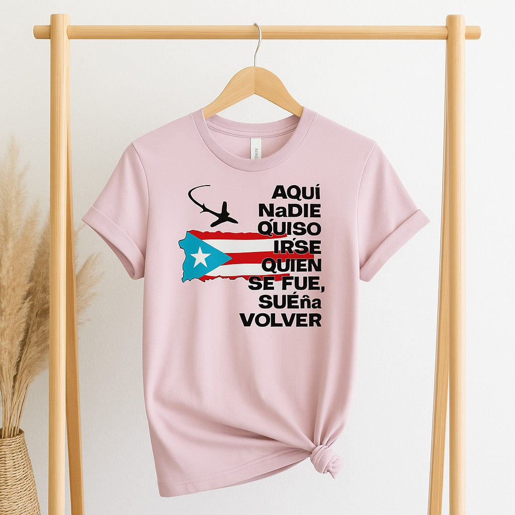 Boricua Gift Shop pink T-shirt with Puerto Rico flag and Spanish text Bad Bunny Puerto Rico shirt