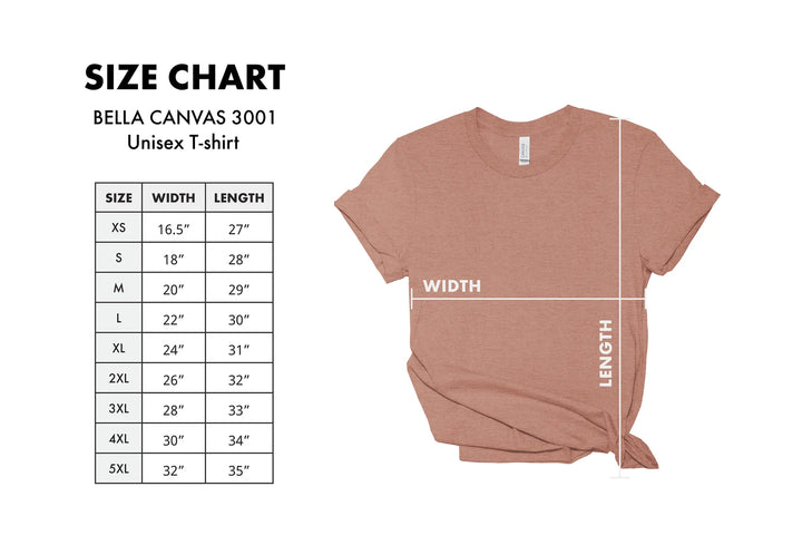 Boricua Gift Shop unisex t-shirt size chart for Bad Bunny Puerto Rico shirt with measurements