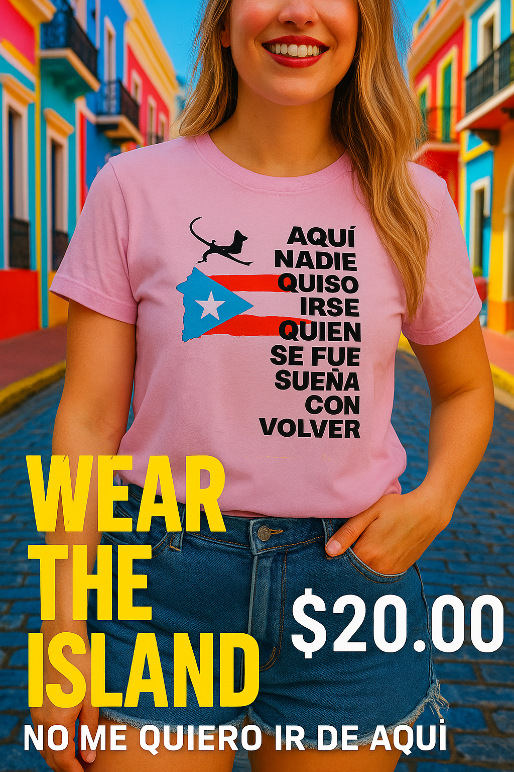 Pink Bad Bunny Puerto Rico shirt with Puerto Rican flag and Spanish text worn by a smiling woman outdoors