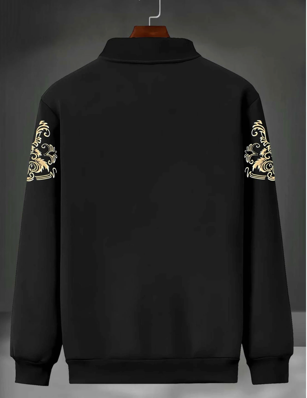 Back view of a black jacket Puerto Rico design featuring stylish gold embroidery on the sleeves