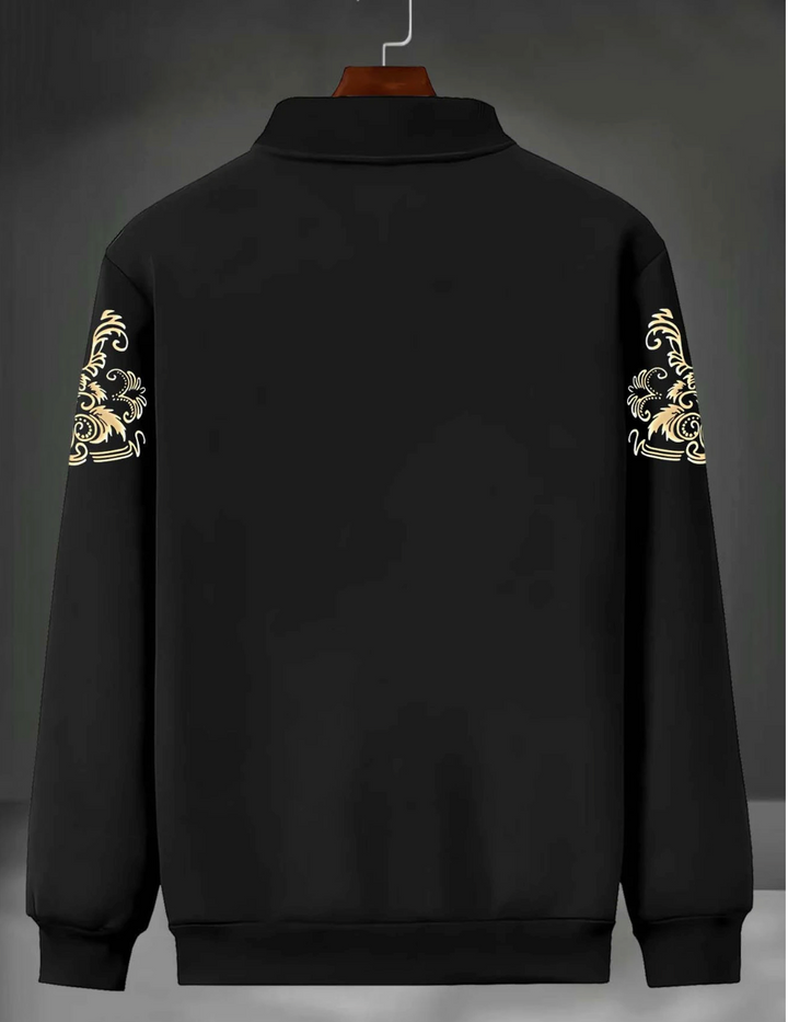 Back view of a black jacket Puerto Rico design featuring stylish gold embroidery on the sleeves