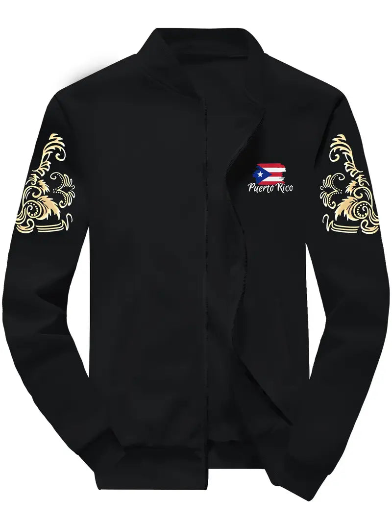Stylish black jacket Puerto Rico design with embroidered flag and decorative sleeves