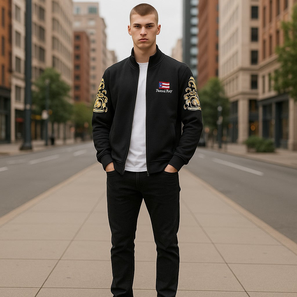 Stylish black jacket Puerto Rico design with gold accents and embroidered details for casual wear