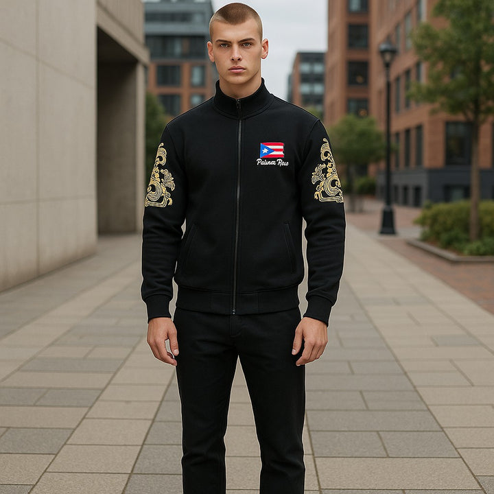 Stylish black jacket Puerto Rico design featuring embroidered details and vibrant flag