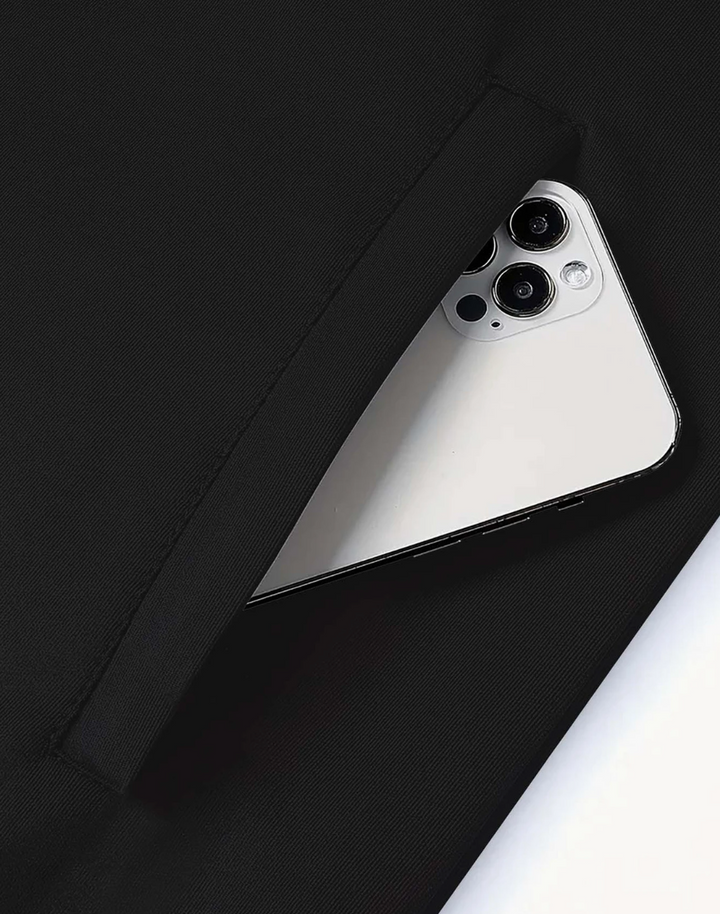Black jacket Puerto Rico design featuring a pocket for convenient phone storage