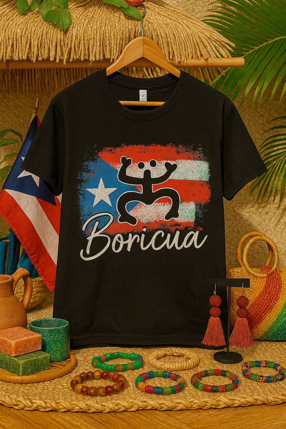 Black Puerto Rican heritage t-shirt with Boricua design and flag graphic hanging on a wooden hanger