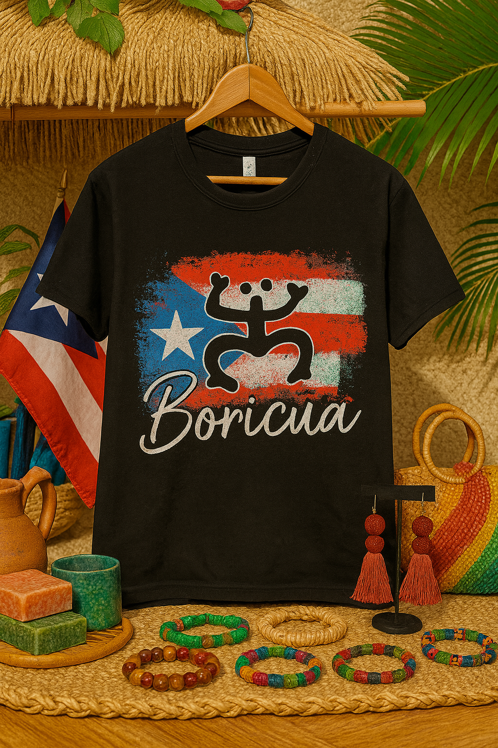Black Puerto Rican heritage t-shirt with Boricua design and flag graphic hanging on a wooden hanger
