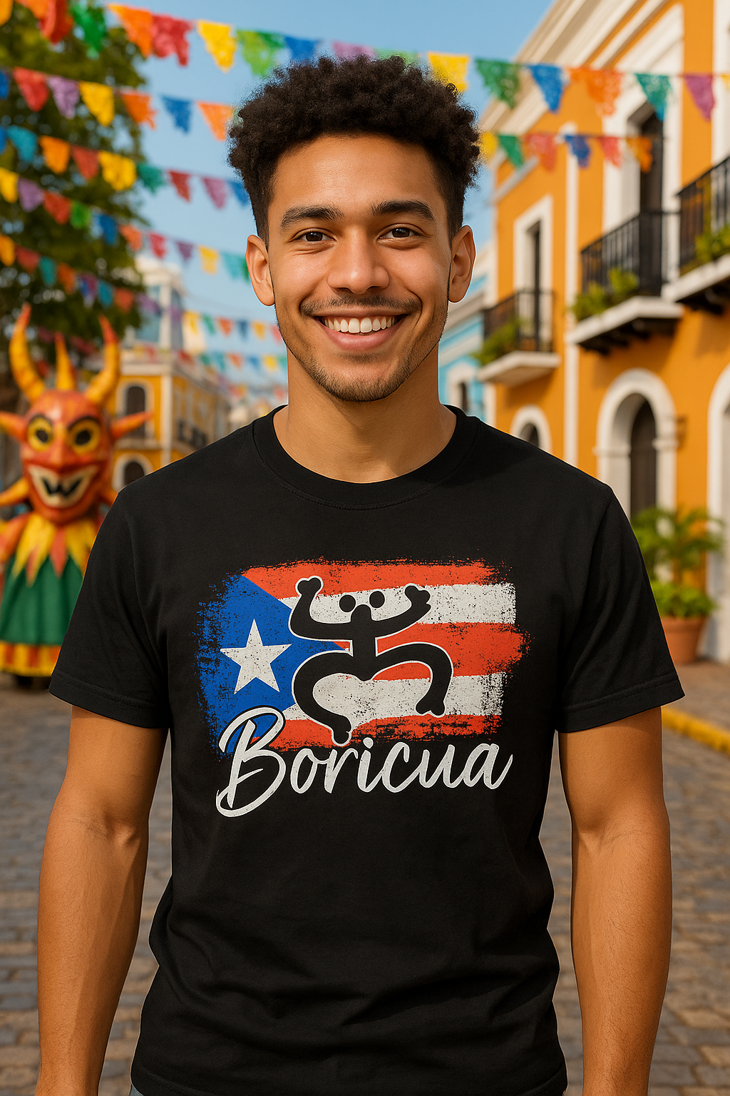 Puerto Rican heritage t-shirt with Boricua design and flag print worn by smiling man in colorful street