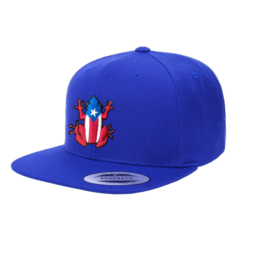 Peligro Sports blue snapback hat with Puerto Rico flag frog design