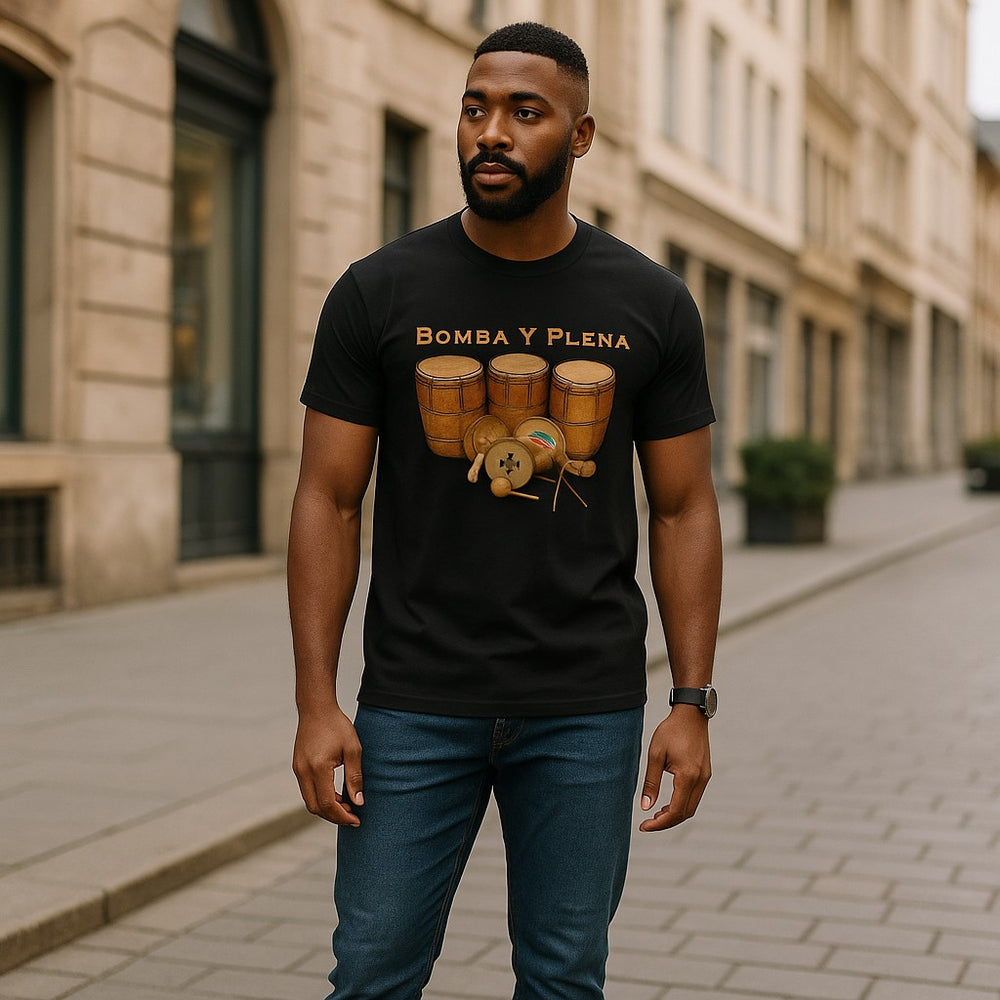 Bomba y Plena Clothing for Men featuring a black shirt with drum design, perfect for cultural celebrations
