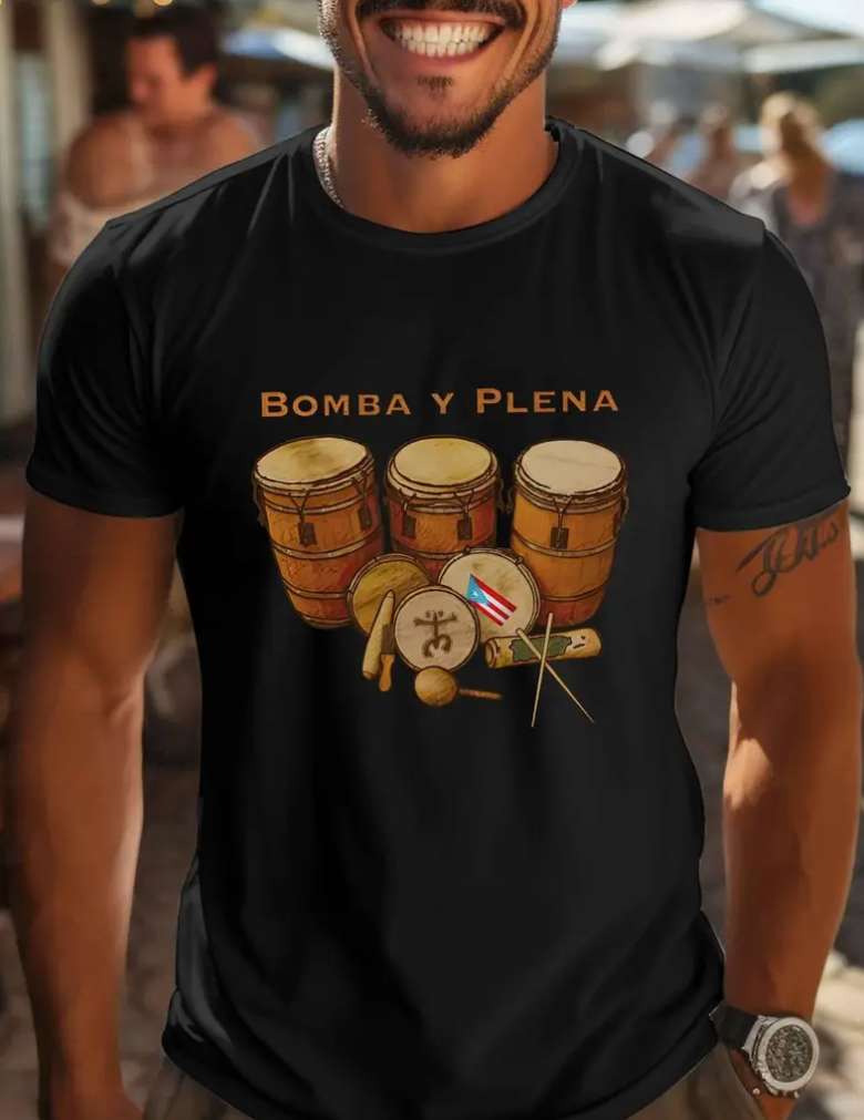 Men's black shirt featuring Bomba y Plena Clothing for Men with traditional drums design