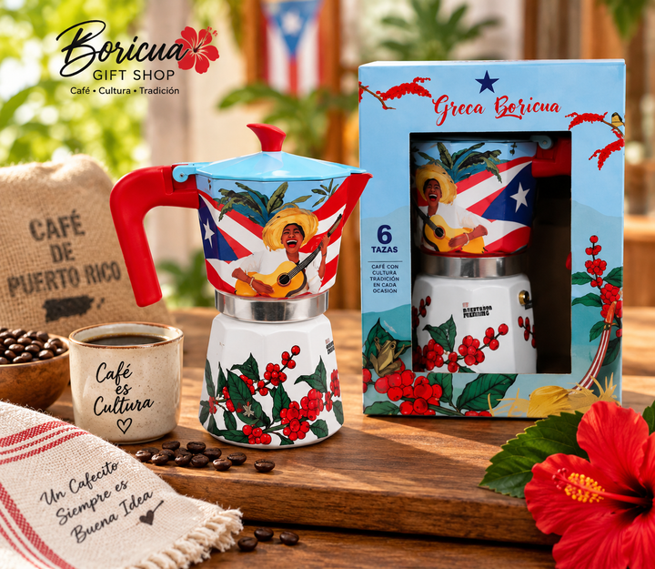 Boricua coffee pot featuring vibrant Puerto Rican design