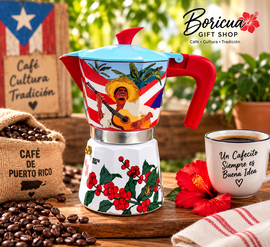 Boricua coffee coffee pot with colorful Puerto Rican design