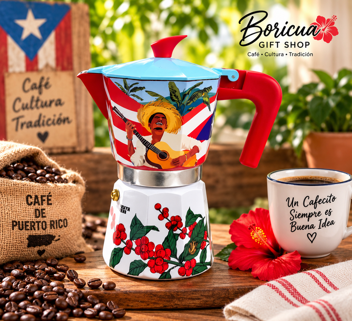 Boricua coffee coffee pot with colorful Puerto Rican design