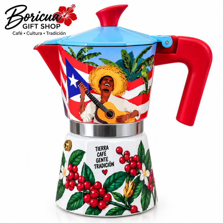 Boricua coffee coffee pot with Puerto Rican flag design