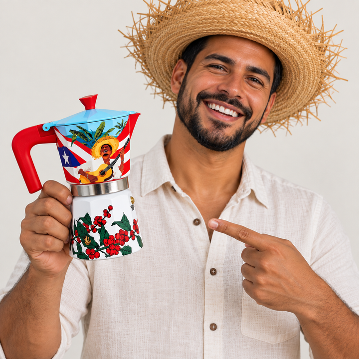 Colorful Puerto Rican coffee coffee pot with festive design
