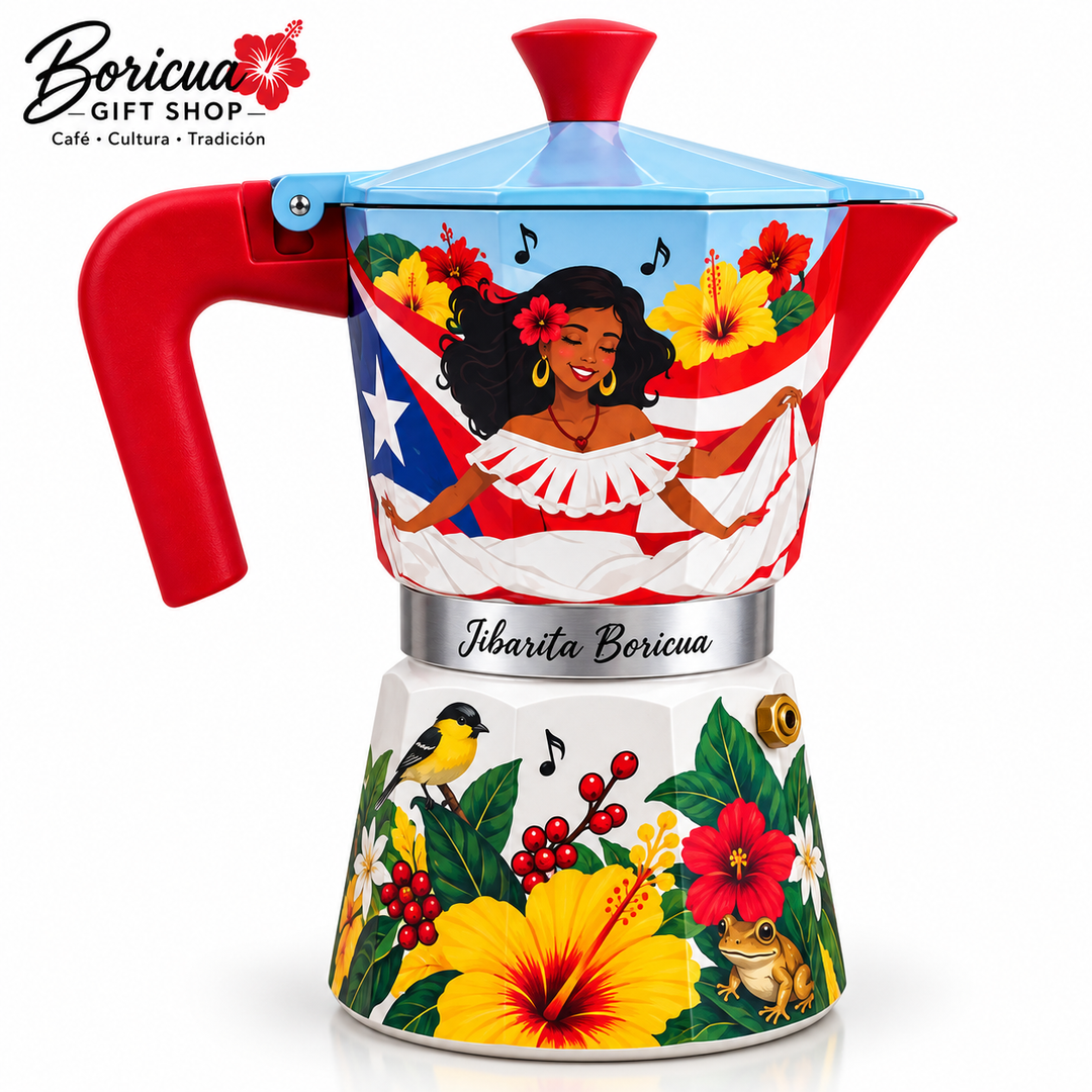 Colorful Puerto Rican coffee pot maker with floral design and music theme