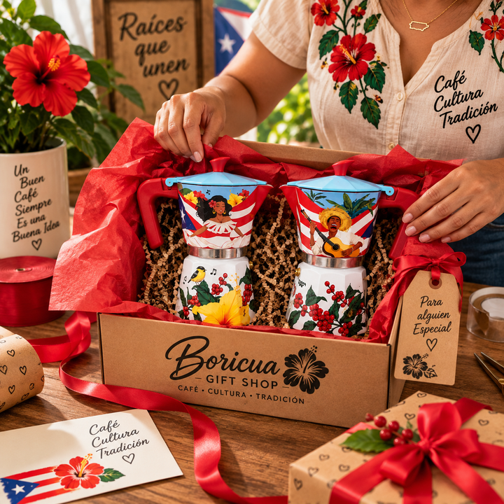 Boricua coffee pot maker set in colorful design for brewing traditional Puerto Rican coffee
