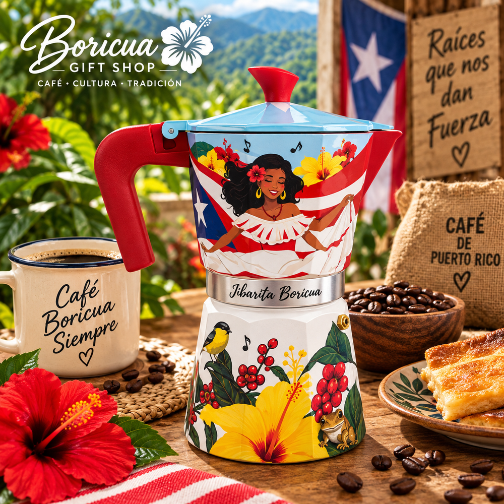 Colorful Boricua coffee pot maker depicting Puerto Rican culture
