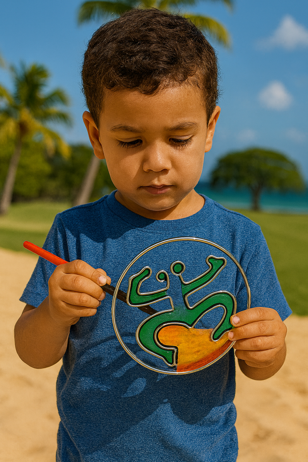 Child engaged in a Boricua cultural craft activity for kids, painting a vibrant design outdoors