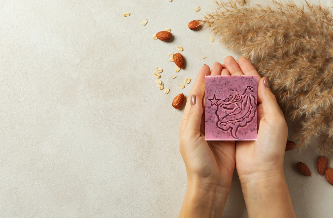 Boricua Gift Shop exfoliating coffee soap bar held in hands with natural ingredients and soft background