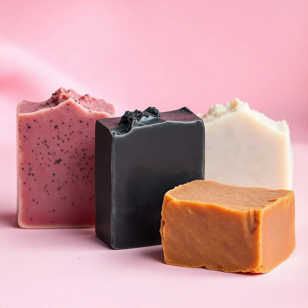 Boricua Gift Shop exfoliating coffee soap bar with various handmade soap bars in pink, black, white, and orange