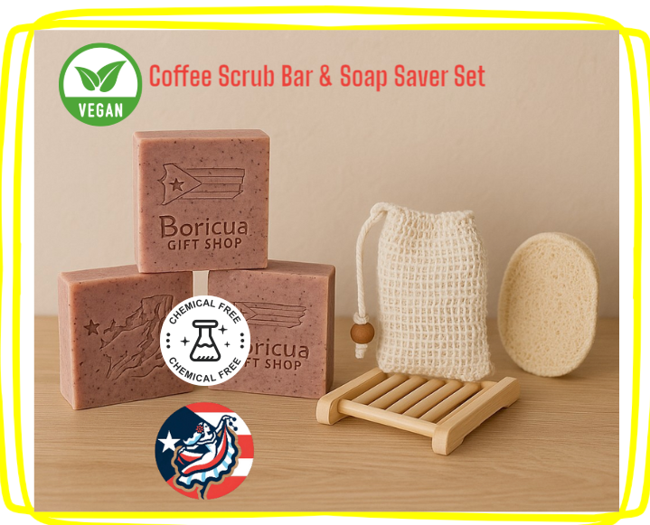 Boricua Gift Shop exfoliating coffee soap bar set with natural soap saver bag and wooden soap holder