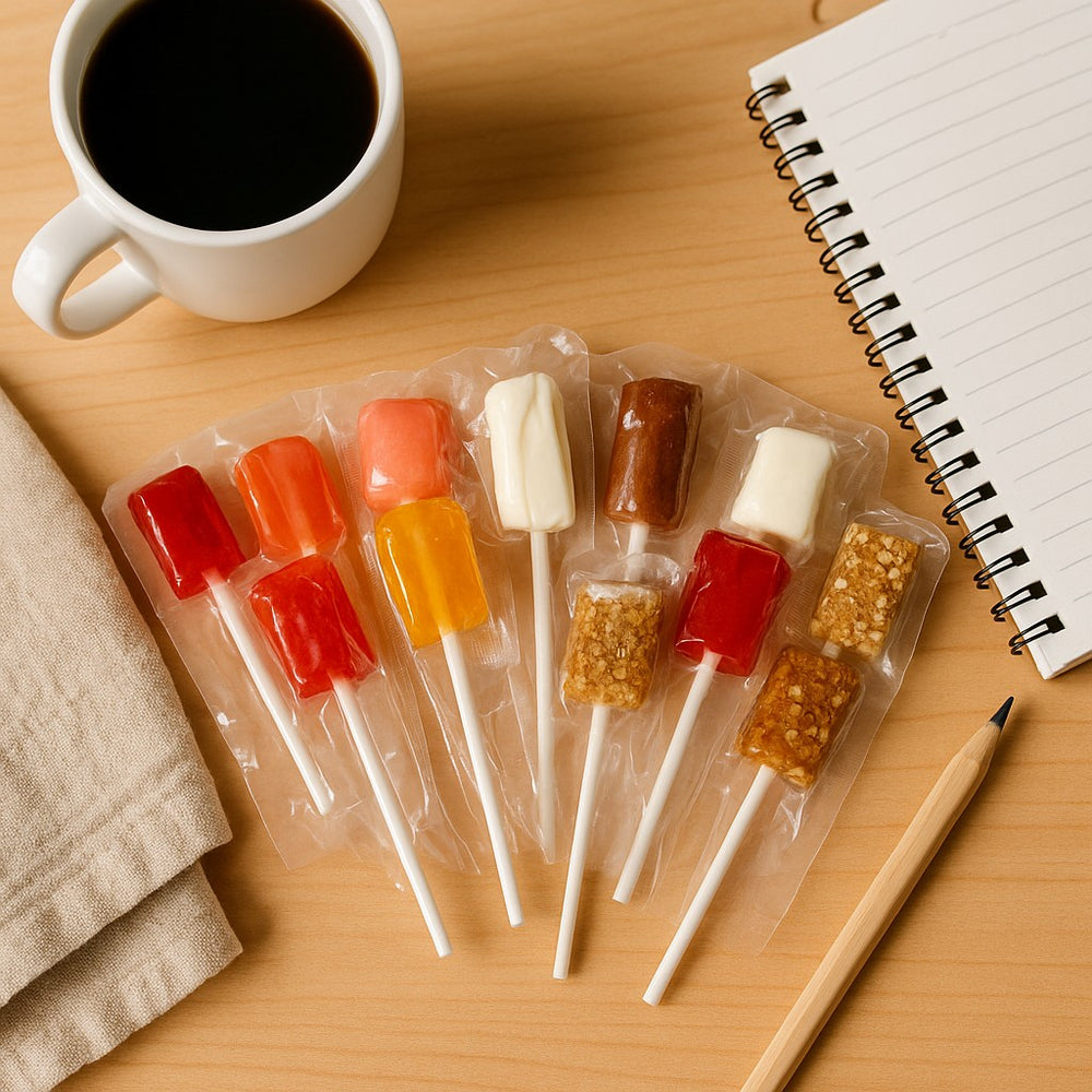 Deluxe Boricua treat box filled with colorful candy lollipops next to a coffee cup and notebook