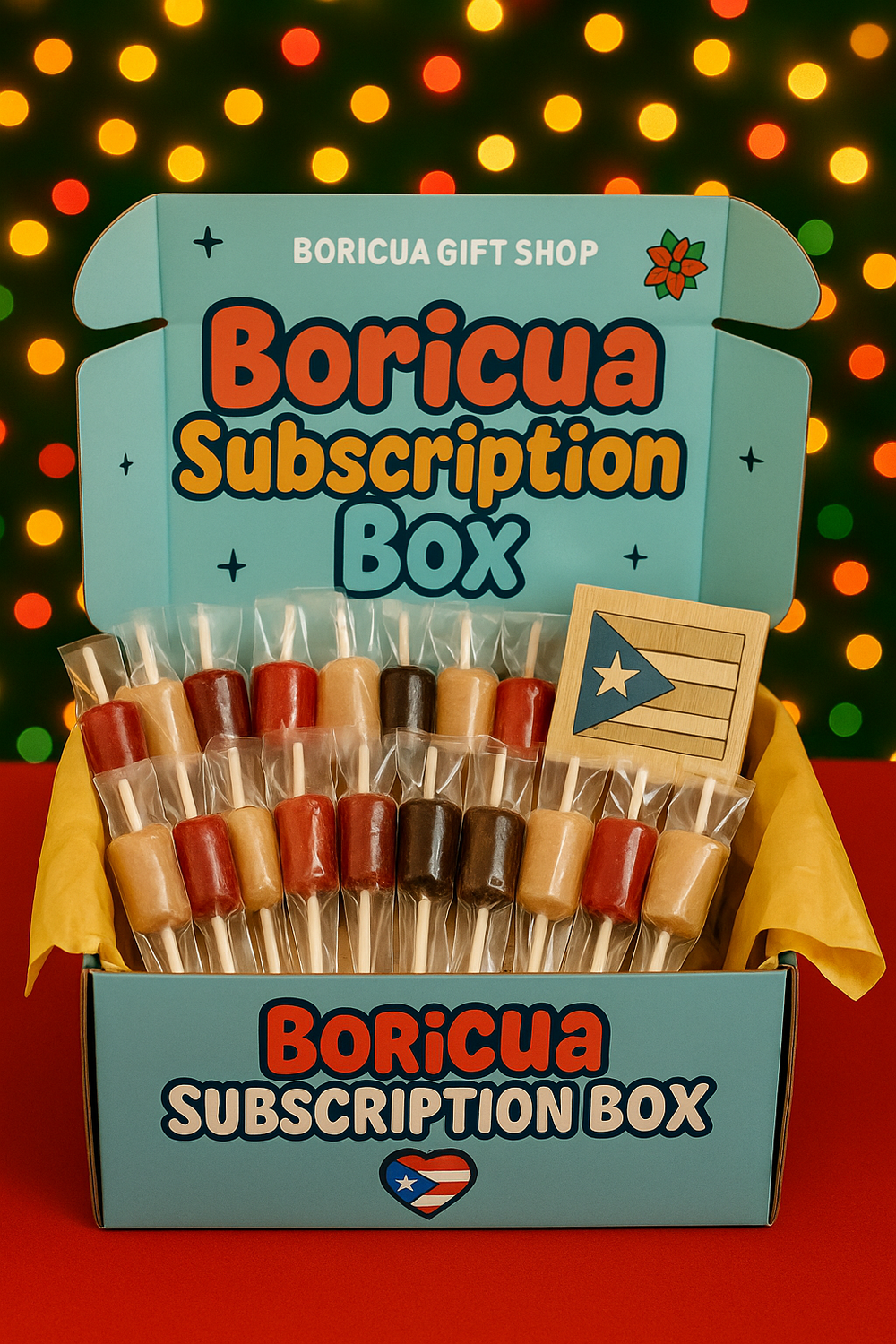 Deluxe Boricua treat box filled with assorted candies and a Puerto Rican flag card