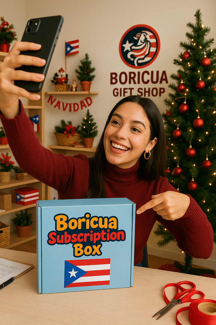 Woman excitedly showcasing a deluxe Boricua treat box in a festive setting with holiday decorations