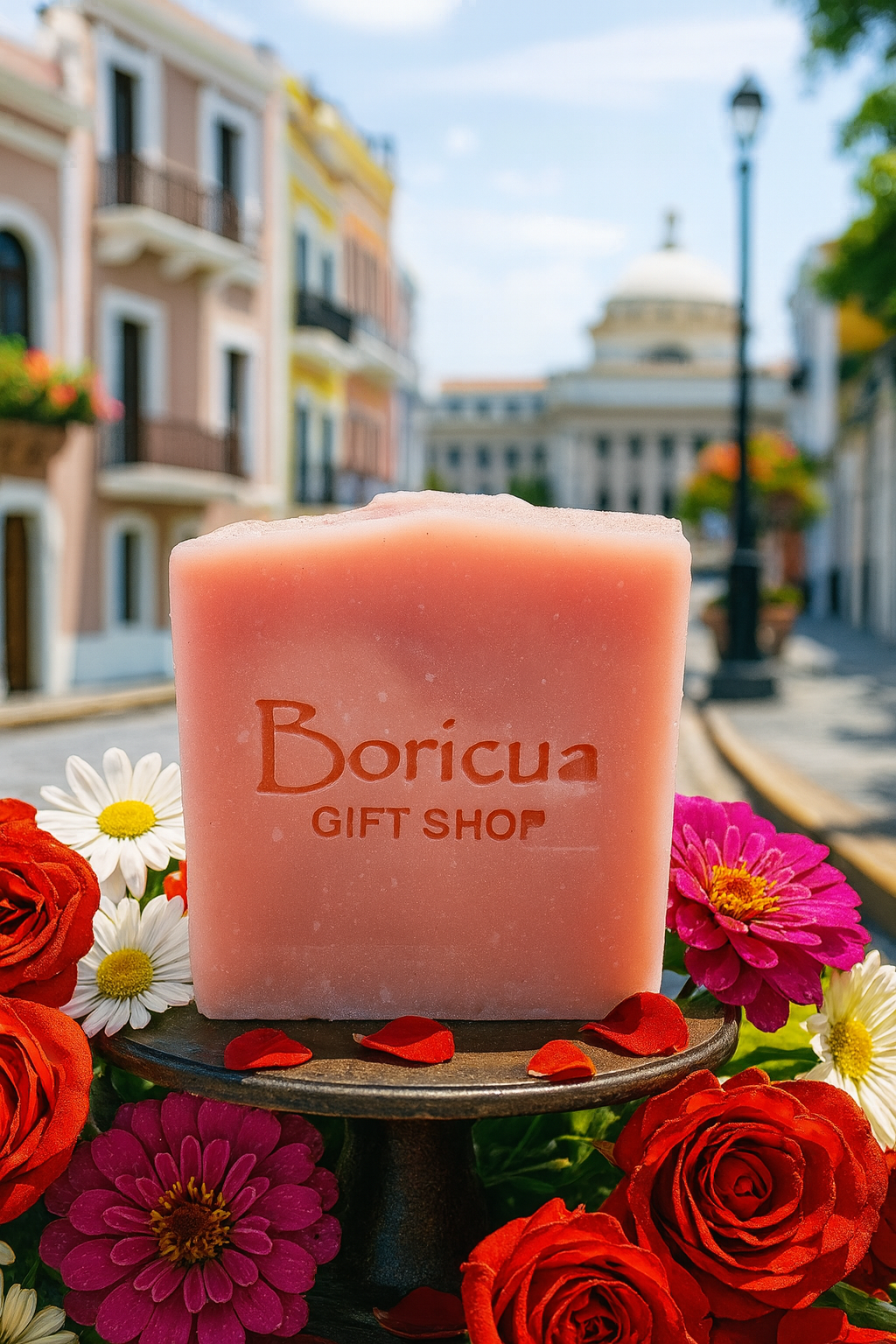 Pink Kiss vegan soap by Boricua Gift Shop on a floral pedestal in a vibrant street setting