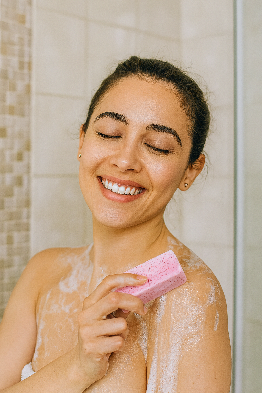 Woman using Pink Kiss vegan soap while showering, enjoying a refreshing cleanse with a smile