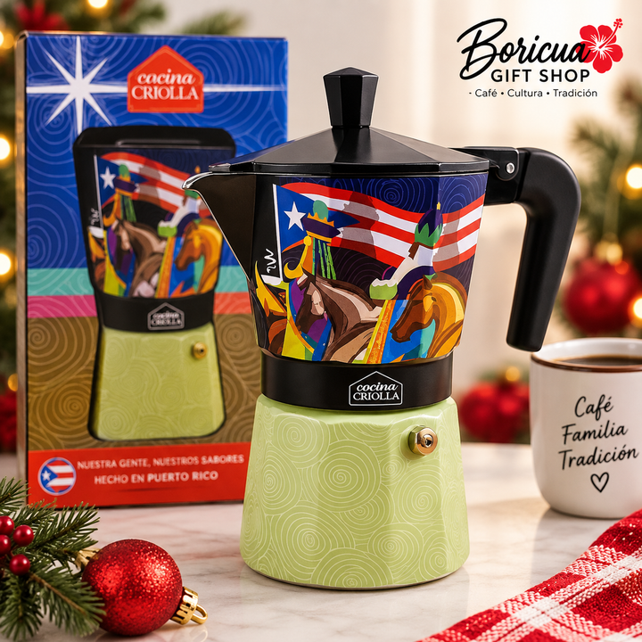 Puerto Rican Christmas coffee maker with colorful design and festive details